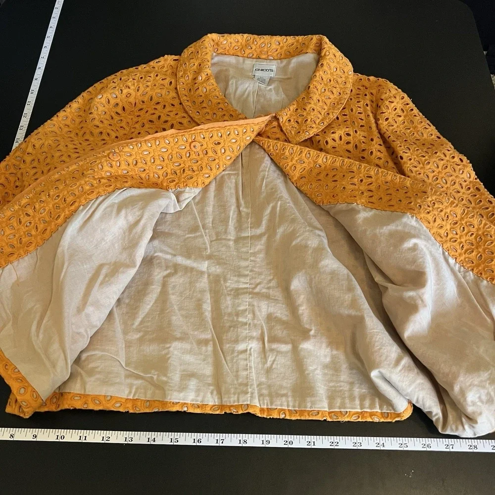 Chico's Orange Blossom‎ 3 Eyelet Linen Blend Jacket Coat Collared Floral Bright
